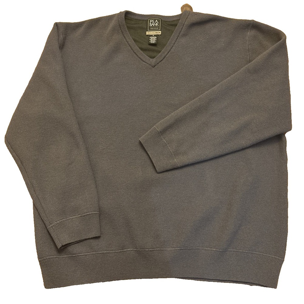 Jos A Bank Sweater Mens 2XL Blue Gray Traveler Merino Wool V Neck Pullover Knit